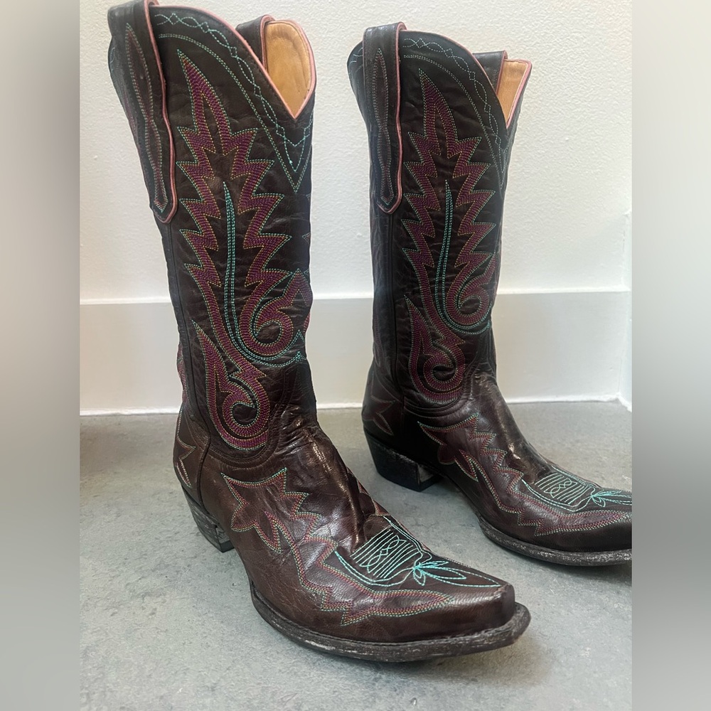 Old Gringo leather Brown Burgundy and teal Embroidered Cowgirl Boots